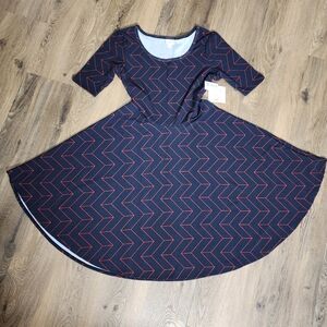 Lularoe Nicole Fit Flare Dress Navy Red Geometric Print 2XL